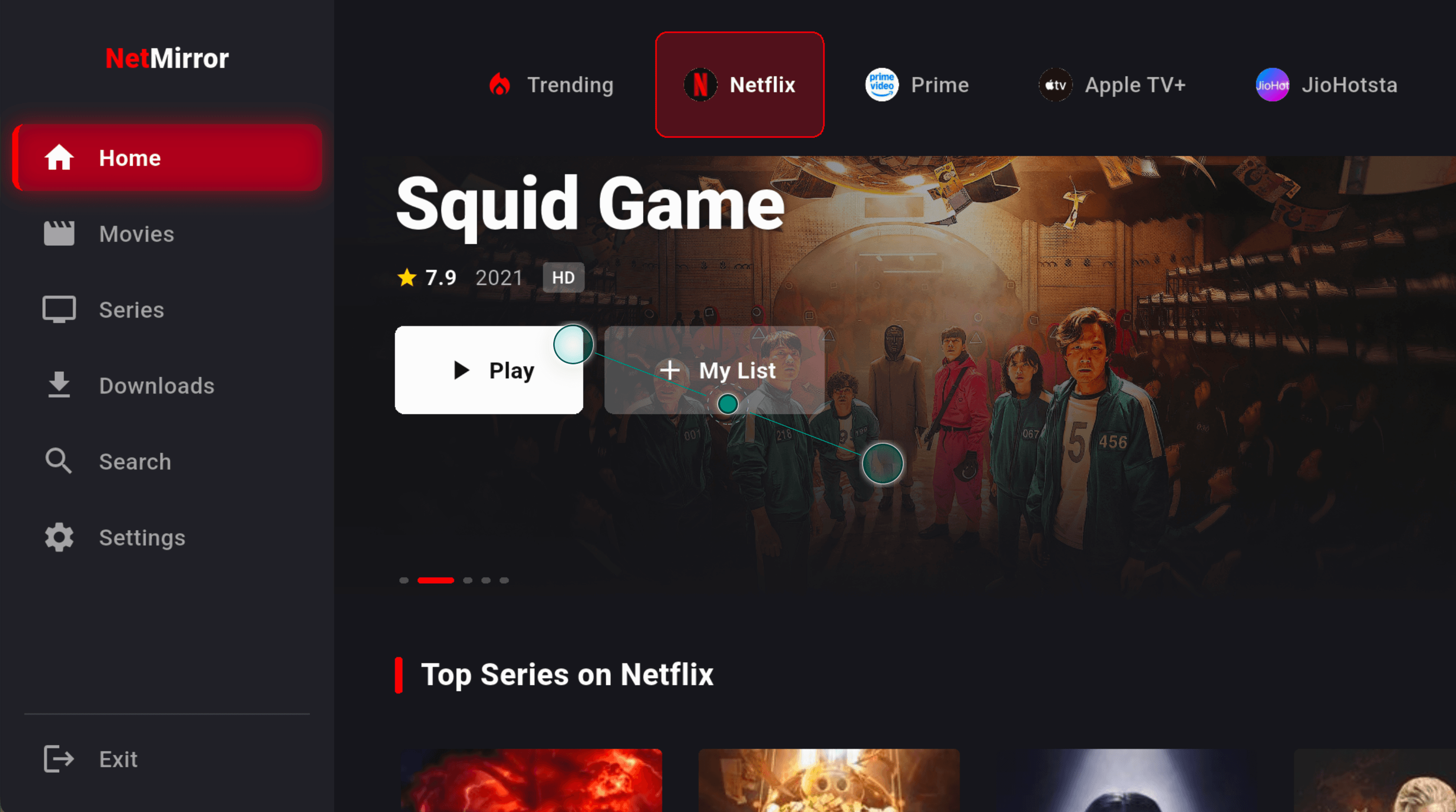 NetMirror home screen with all OTT apps in one top row
