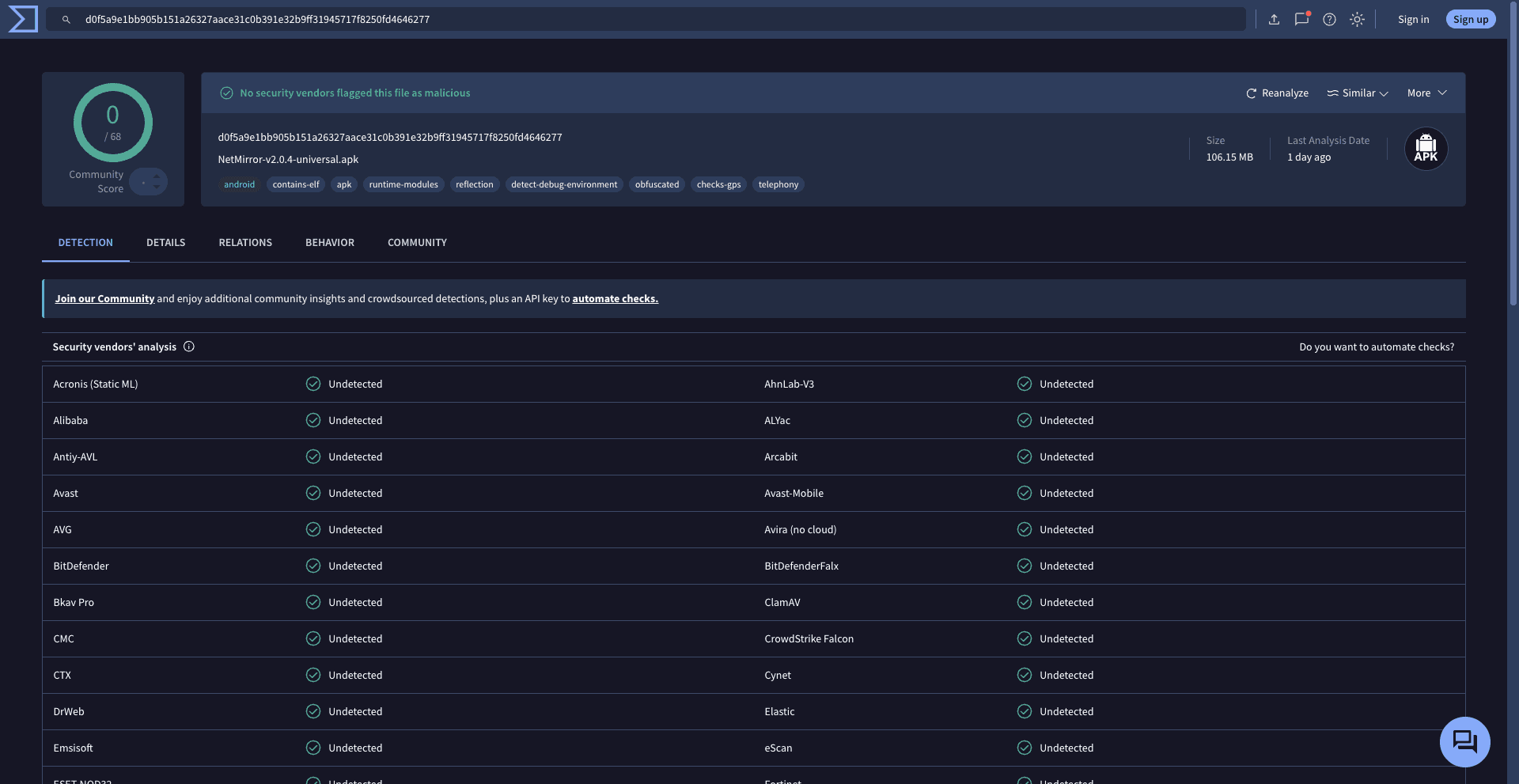 VirusTotal scan result for NetMirror TV APK — no security vendors flagged this file as malicious, 0 detections